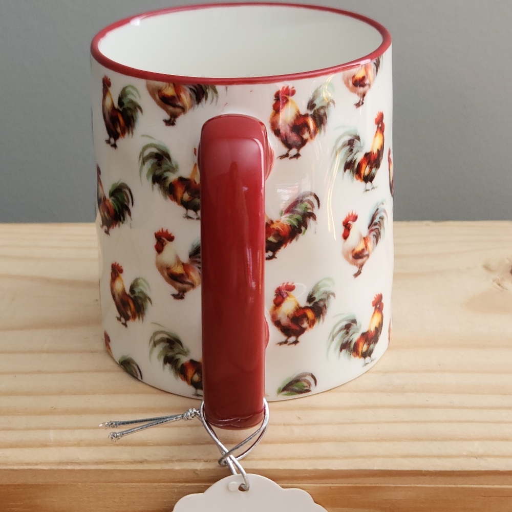 Rooster Patterned Ceramic Mug with Red Handle NWT Cottagecore, Farm, Homestead - Picture 2 of 15